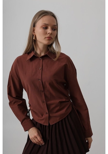 Yanları Bağlamalı Basic Gömlek - Koyu Kahve Kahve