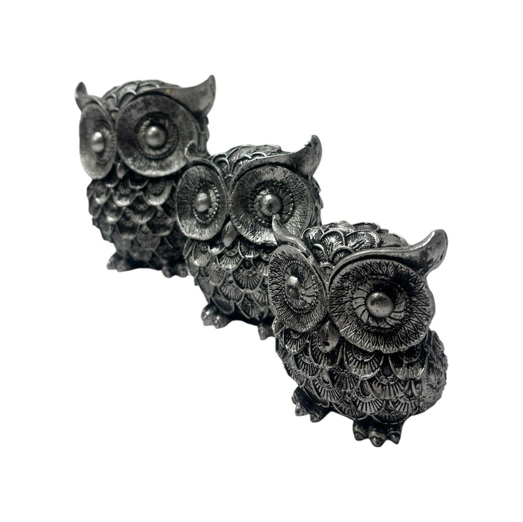 Dekoratif Polyester Üçlü Baykuş Biblo Set Gümüş Eskitme