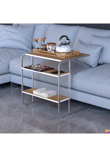 Modilayn C Yan Sehpa Geniş Boy Tekerlekli Çalışma, Atıştırmalık, Yemek, Laptop Sehpası Meşe Beyaz - Meşe