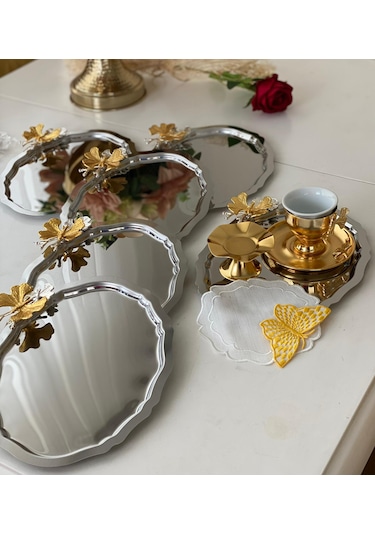 Paslanmaz Çelik Kelebek Aksesuarlı Oval Model 6 Adet Sunum Tepsisi Gümüş