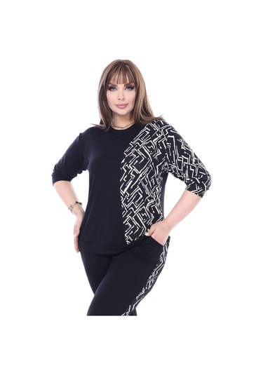 Melsay Butik Siyah Truvakar Kol Yarım Zigzag Garnili Viskon Büyük Beden Takım Siyah