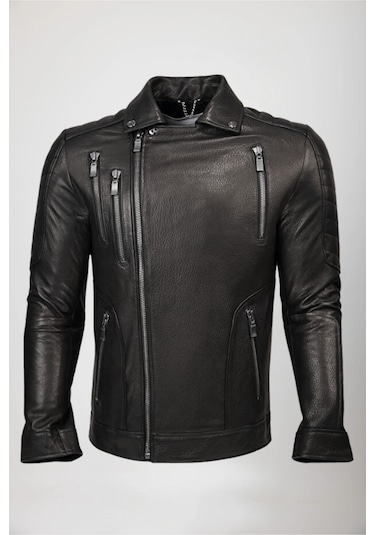 Derije Lucas Hakiki Jumbo Deri Erkek Siyah Biker Motorcu Tarzı Ceket-mont Siyah