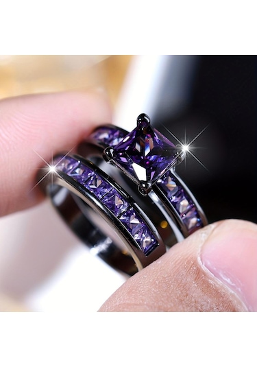 Siyah&mor 2 Adet Zarif İstifleme Yüzükler Kare Mor Pembe Beyaz Zirkon Taş Yüzükler Kadınlar İçin Set Düğün Parti Parmak Takı 12 Çok Renkli