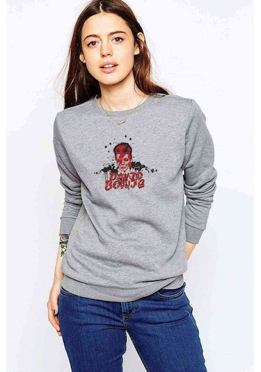 David Bowie Baskılı Gri Kadın Sweatshirt