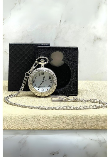 Büro Ev Ofis Hediyesi İçin Kutulu Silver Barok Stil Köstekli Saat