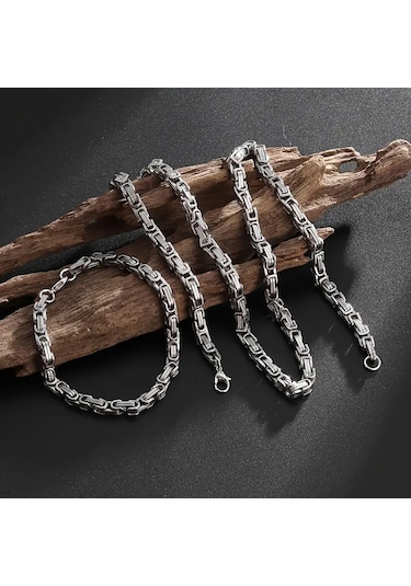 Silver Renk Tamamı Saf Çelik Kral Erkek Kolye Bileklik Set 4mm Gümüş