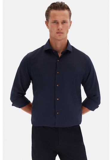 D'S Damat Ds Damat Slim Fit Lacivert Italyan Yaka Armürlü Uzun Kollu Kolay Ütülenebilir Nefes Alan Dört Mevsim  2HF02ORT3185 Lacivert