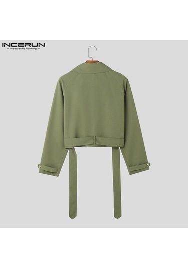 Incerun Erkek Düz Renk Kırpılmış Rahat Yaka Rüzgarlık Mont Ceketler Haki