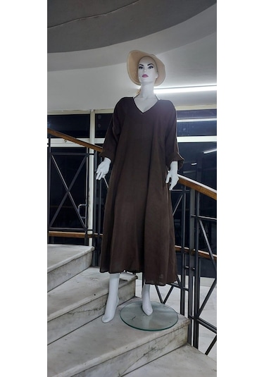 İtalyan V Yaka Uzun Kol Keten Elbise-8907 Koyu Kahve