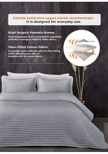 Evlen Home %100 Pamuk Yatak Örtüsü Pike Takımı Tek Kişilik Judy Yatay Çizgili Kapitone Gri Gri