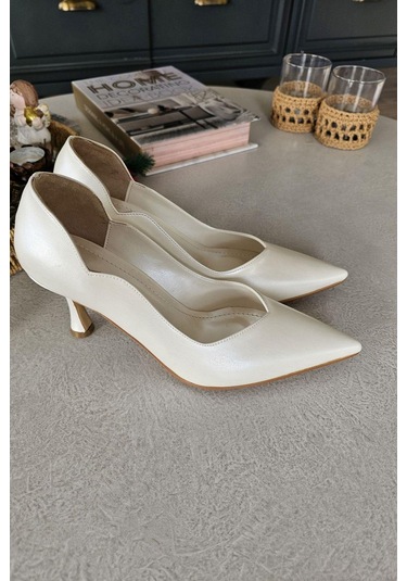 10 80 Topukla Kadın Beyaz Sedef 8cm Topuklu Stiletto Sedef