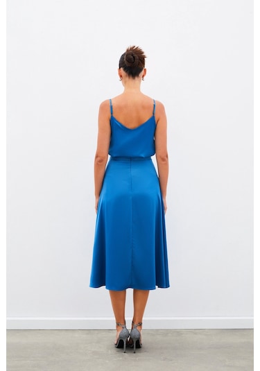 Sateen Midi Boy Saten Etek - İndigo-134963 İndigo