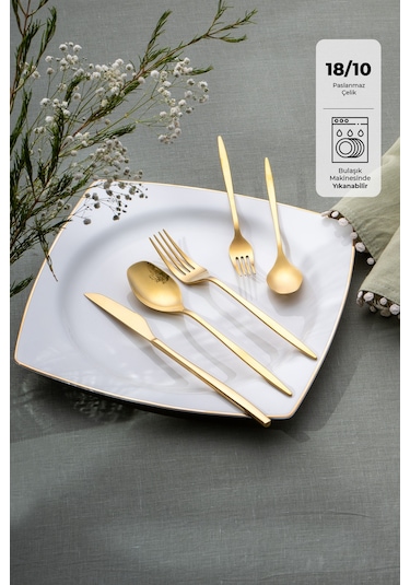 Emsan Alisa 30 Parça 6 Kişilik Parlak Gold Kutulu Çatal Kaşık Bıçak Takımı Gold