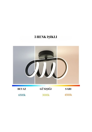 Burgu Siyah Tavana Sıfır 3 Renk Işıklı Led Avize Siyah