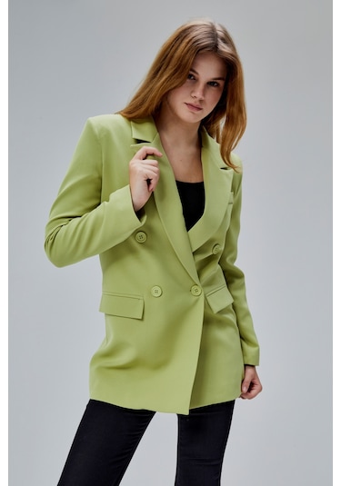 Açık Haki Regular Astarlı Kruvaze Kapama Dokuma Oversize Blazer Ceket Açık Haki