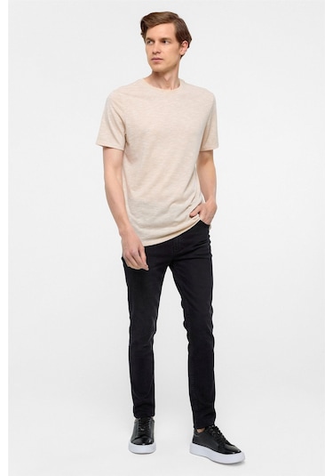 SÜVARİ Ekru Regular Armürlü Bisiklet Yaka Tişört-38303 Ekru