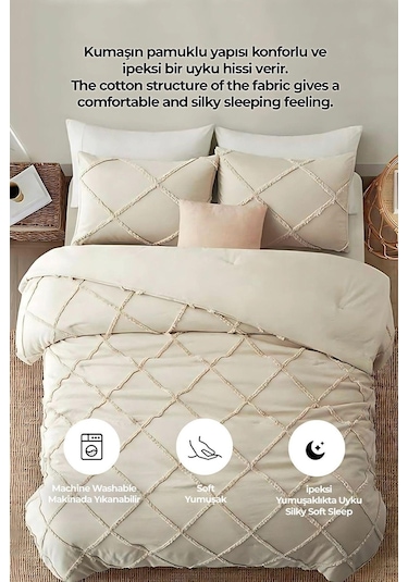 Evlen Home Pamuklu Aimar Yatak Örtüsü Takımı Çift Kişilik Günlük Boho 3 Parça Elyaf Dolgulu Bej Bej