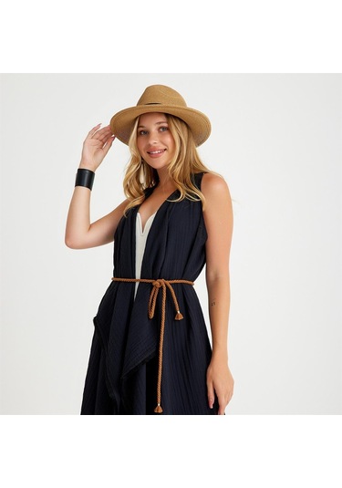 Pamuklu Dokuma Kemerli Püsküllü Plaj Elbisesi - Standart Siyah