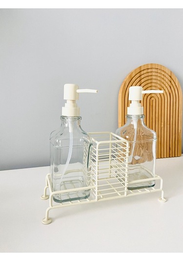 Morponi Metal Standlı 2 Li Cam Sabunluk Seti İkili Sabunluk Set Standlı Sabunluk Bej Bej