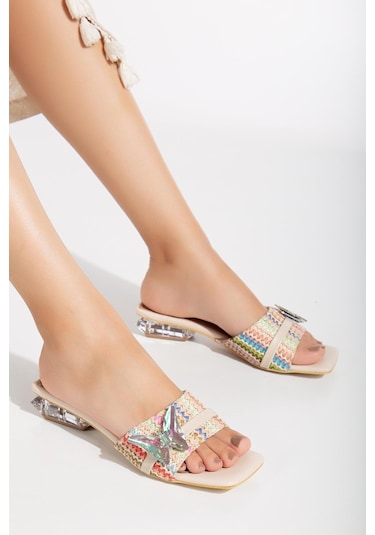 Hasır Kelebek Taş Tokalı Nude Kadın Kısa Topuklu Terlik-3090-nude Ten