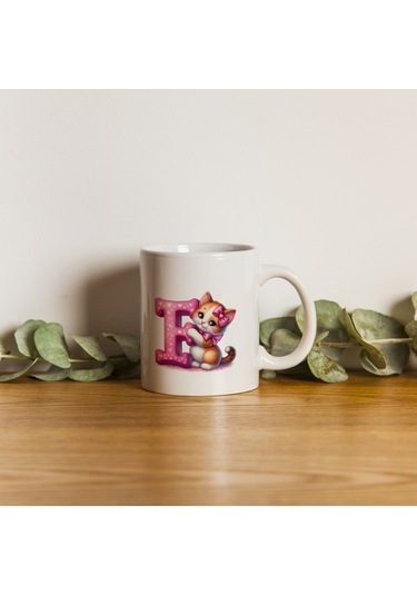 F Harfli Bardak, Sevimli Kedili Pembe Tasarım Bardak, Arkadaşa Aileye Hediye Porselen Beyaz