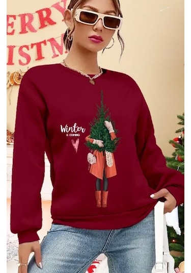 Kadın Uzun Kollu Bisiklet Yaka Desenli Viskon Iki Iplik Bluz Bordo