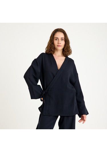 %100 Pamuklu Dokuma İçten Bağlamalı Müslin Kimono-pantolon Alt Üst Takım Siyah