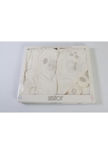 Kardeş Ayıcıklı Erkek Bornoz Set Ekru Standart