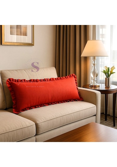 Fırfırlı Vintage Buldan Keten Kırmızı Renk Iskandinav Uzun 40x100 Kırlent Yastık İçi Dolgulu Kırmızı