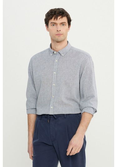 AC&Co / Altınyıldız Classics Erkek Grı Comfort Fit Rahat Kesim Düğmeli Yaka Keten Gömlek Gri