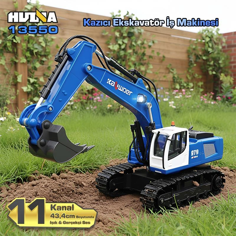 Huına Kaliwo 13550 1/18 11ch Kazıcı Ekskavatör İş Makinesi İnşaat Uzaktan Kumandalı Rc Model Metal Kepçeli Mavi - 2.4ghz Gerçekçi Similasyon Ses Ve Işık Sistemi Huına13550/blue