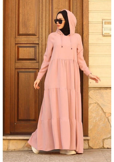 Neways 6531-Krep Kapüşonlu Reglan Kollu Elbise Pudra