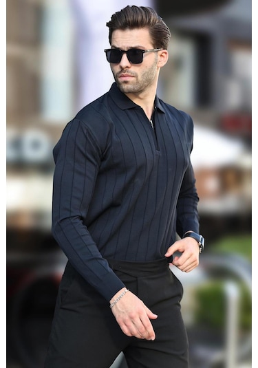 Madmext Lacivert Polo Yaka Fermuarlı Örme Kazak 7242-lacivert Lacivert