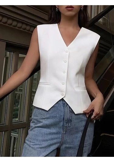 Sensuelle Kadın Sıfır Kollu Önden Düğmeli Atlas Yelek Beyaz