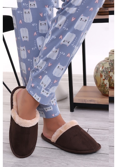 Wordex U050 Unisex Kışlık Ev İçi Terliği Kürklü Yünlü Terlik Kahverengi