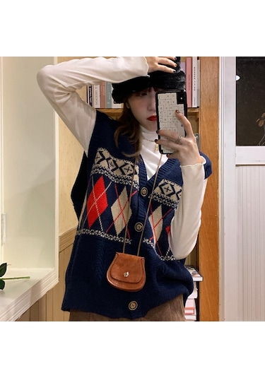 Moda V Yaka Örme Yelek Kadın Sonbahar Yeni Gevşek Montaj Vintage Hırka Kolsuz Üst Lacivert