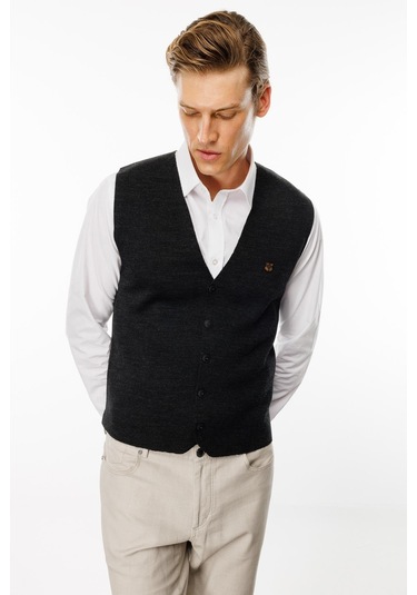 Erkek V Yaka Düz Yün Yelek Antrasit Antrasit