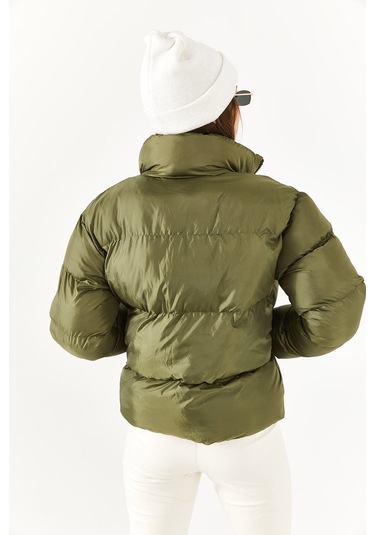 Alisse-kadın Haki Dik Yaka Kısa Şişme Mont Haki