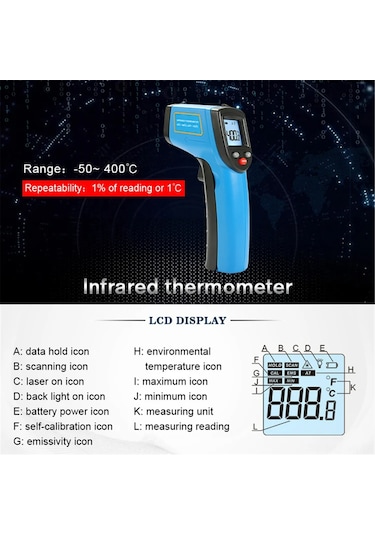 Vkemall Endüstriyel Enfrared Sıcaklık Ölçer -50 C/+400 C - Dijital Lcd Ekranlı, Aaa Pil İçeren El Tipi Termometre
