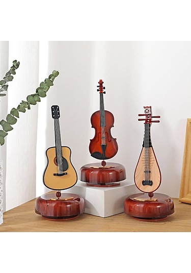 Ulzyvf Mini Elektro Gitar Müzik Kutusu - Kahverengi Çalgı Maketi Hediye Kahverengi