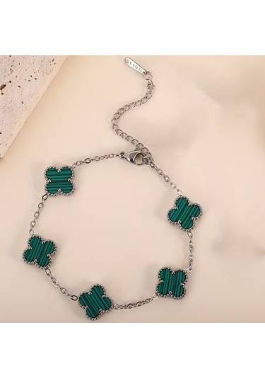 Çelik Bileklik Dört Yapraklı Küçük Yonca Yeşil Çizgili Sedef Taşlı Uzunluk 18 Cm Gümüş Gümüş