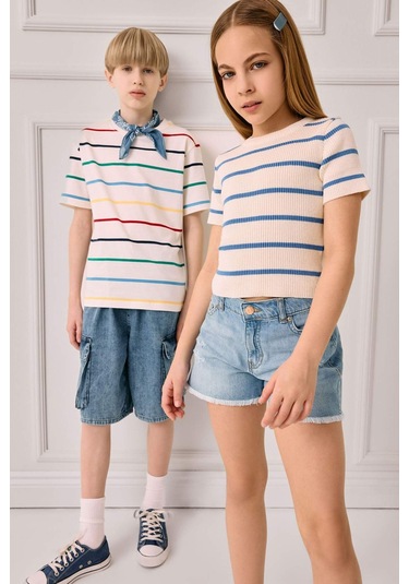 Defacto Kız Çocuk Cropped Fit Bisiklet Yaka Çizgili Kısa Kollu Kazak E4293a825smwt34 Beyaz