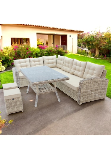 Riserva Rehome Rattan 2 Puflu Bahçe Köşe Takımı 606 Krem