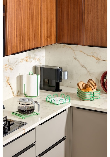 4'lü Yeşil Servis Sunum Seti, Peçetelik, Kağıt Havluluk, Kare Ekmeklik, Nihale - Metal