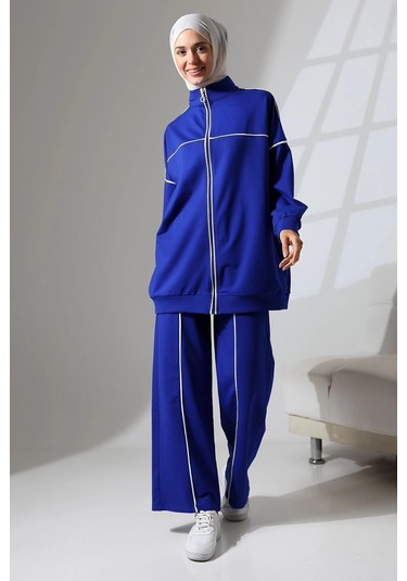Kadın Saks Mavisi Mevsimlik Penye Alt Üst Spor Ve Rahat Tesettür Takım Saks Mavisi