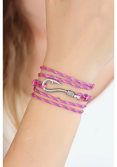Karışık Desenli Pembe Renk Gümüş Metal Kancalı Bayan Çoklu Bileklik Çok Renkli