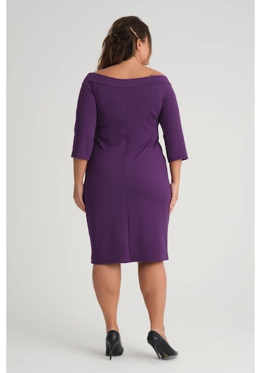 Kadın Mor Carmen Yaka Truvakar Kol Büyük Beden Esnek Krep Elbise-mor Mor