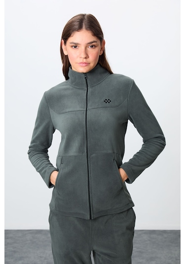 Tommy Life Haki Kalın Yumuşak Dokulu Dik Yaka Oversize Nakışlı Polar Kadın Eşofman Takım -95339 Haki