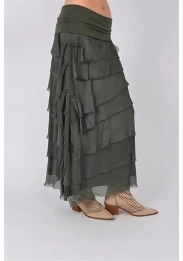 İtalyan 2 Beden Ince Gösteren Kat Kat Ipek Etek & Straplez Elbise Haki