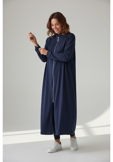 Kadın Önü Fermuarlı Kolu Manşetli Gizli Cepli Mevsimlik Kap Lacivert